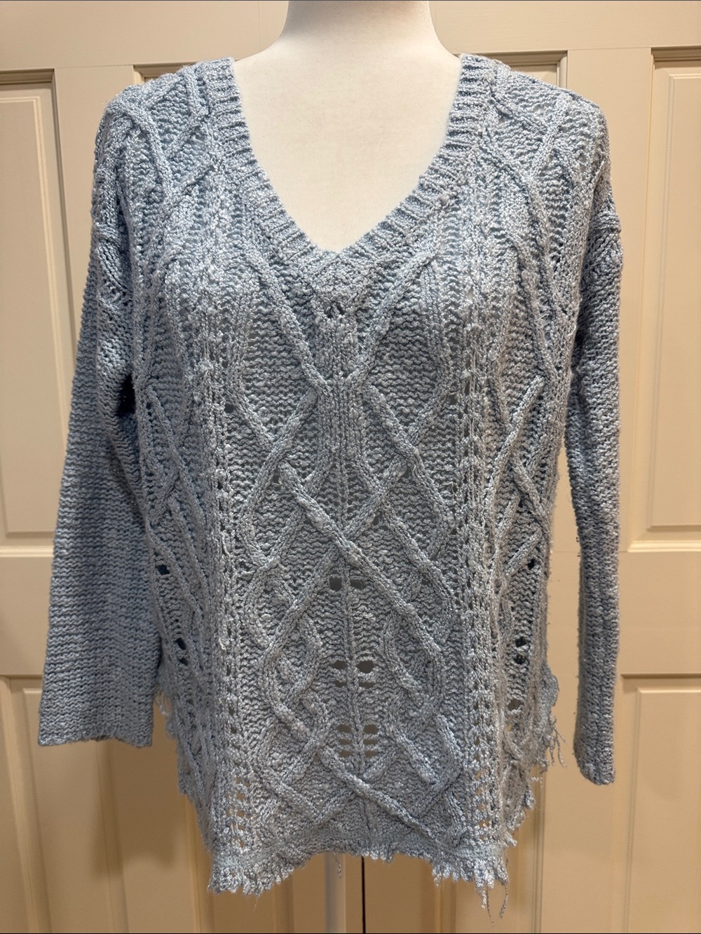 Light Blue V-Neck Cable Knit Women's Sweater